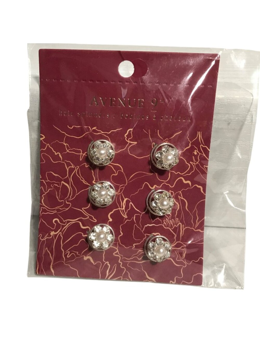 Hair Spinners Set of 6 Pearl & Rhinestone Avenue 9 Giftcraft New